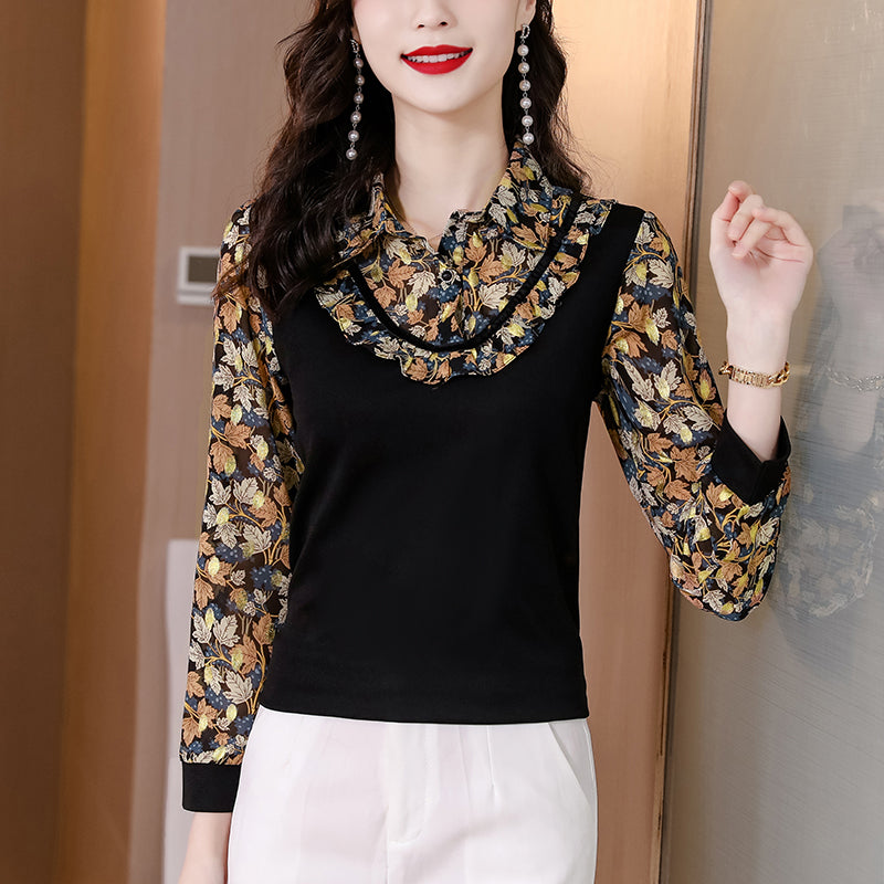 Plus Size Floral Chiffon Layer Long Sleeve Blouse