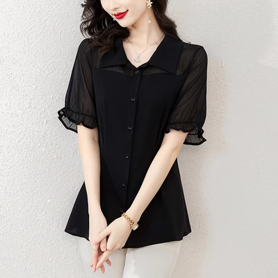 Plus Size Formal Chiffon Black Shirt Blouse