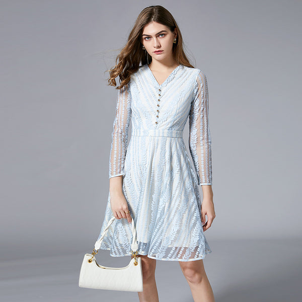 Plus Size White Blue Lace V Neck Dress