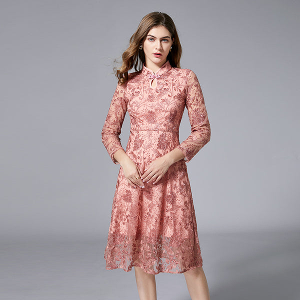 Plus Size Pink Lace Cheongsam Dress