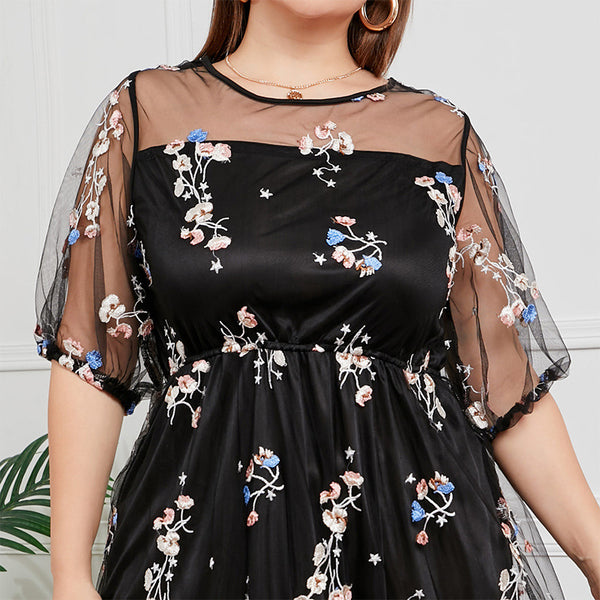 Melo Apparel Plus Size Embroidery Round Neck Long Sleeve Maxi Dress
