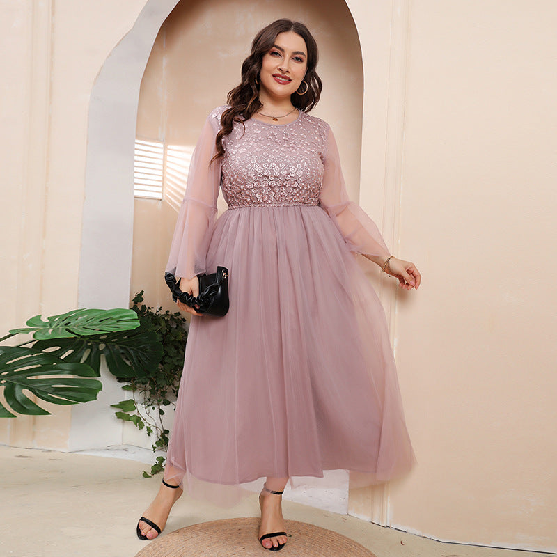 Plus Size Pink Lace Tulle Evening Dress