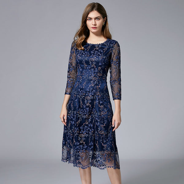 Plus Size Embroidery Lace Navy Dress