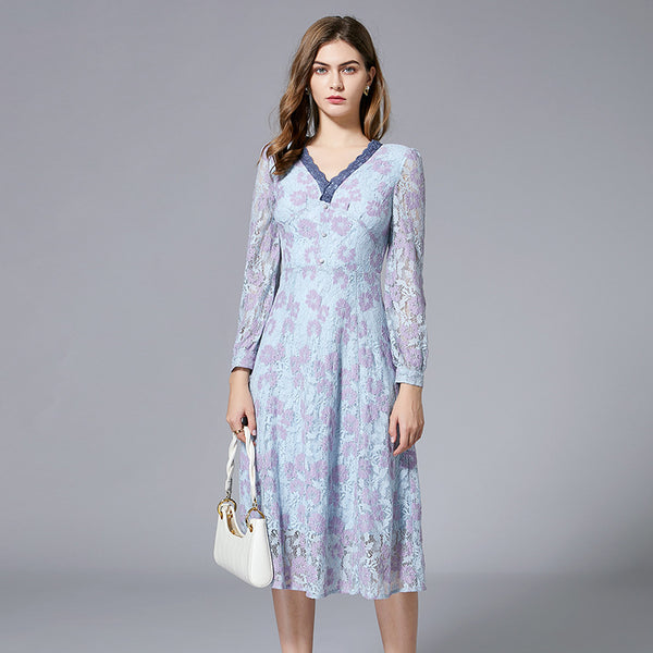 Plus Size Formal Blue Lace Midi Dress