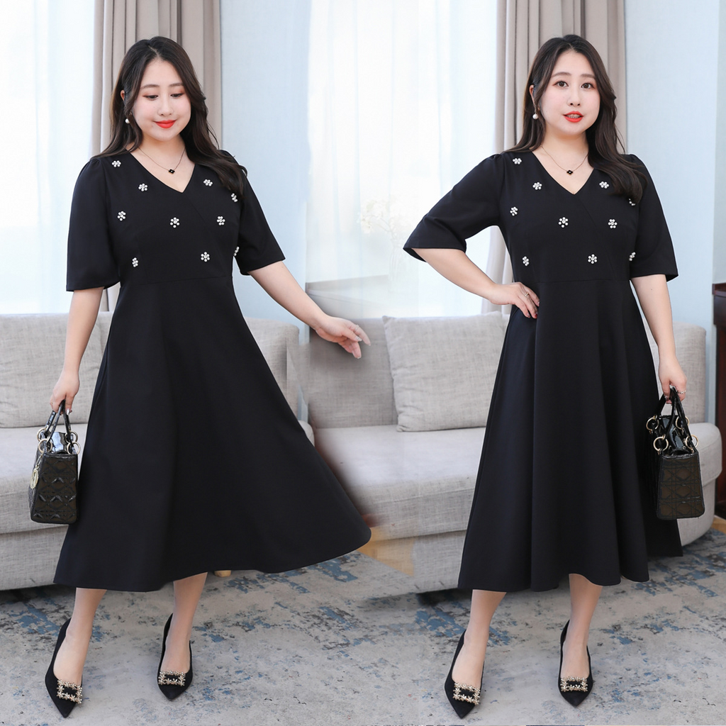 Plus Size Formal Embellished Pearl V Neck Dress (Extra Big Size)