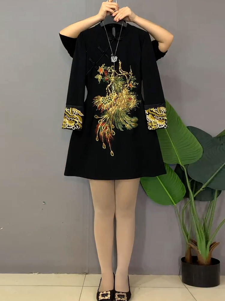 Plus Size Gold Phoenix Cheongsam Royal Black Dress