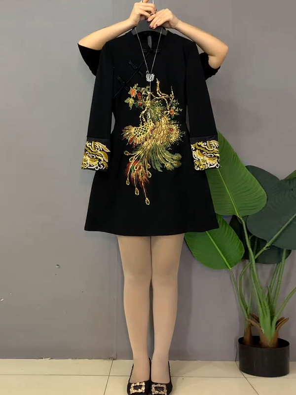 Plus Size Gold Phoenix Cheongsam Royal Black Dress