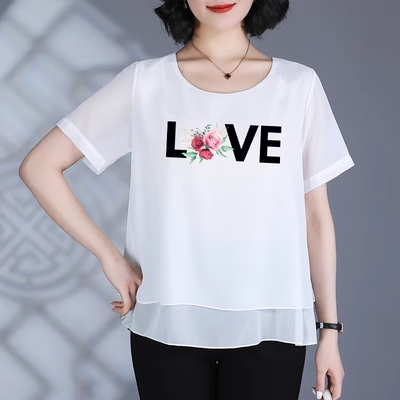 Plus Size Graphic Love Chiffon Short Sleeve Top