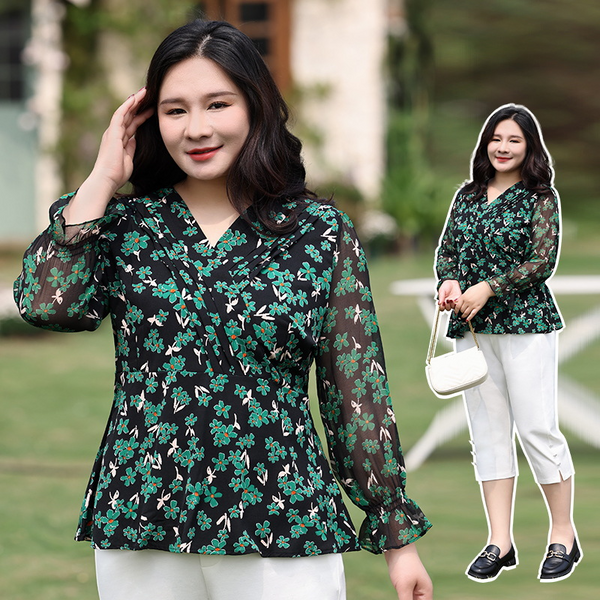 Plus Size Green Chiffon Floral Wrap Long Sleeve Blouse (EXTRA BIG SIZE)