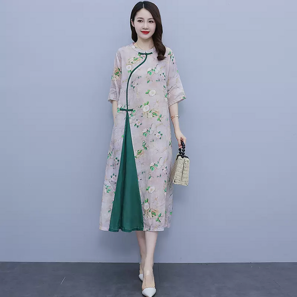 Plus Size Green Layer Floral Qipao Dress