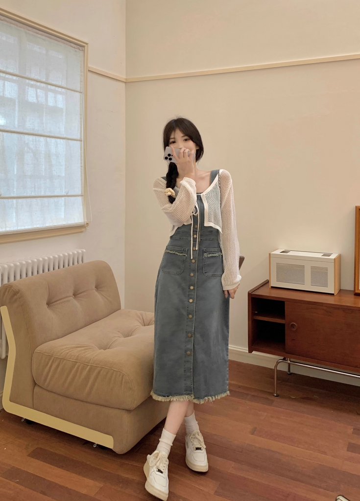 Plus Size Hollow Crop Cardigan and Denim Pinafore Pencil Dress Set –  Pluspreorder