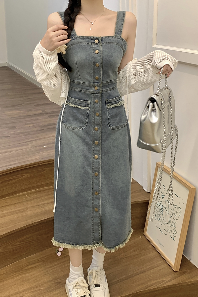 Plus Size Hollow Crop Cardigan and Denim Pinafore Pencil Dress Set Pluspreorder Plus Size Hollow Crop Cardigan and Denim Pinafore Pencil Dress Set Pluspreorder