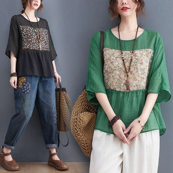 Plus Size Ethnic Patch Peplum Blouse