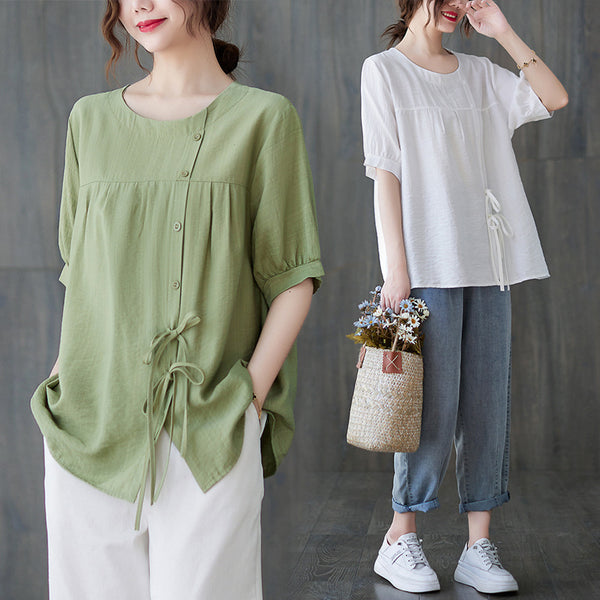 Plus Size Buttons Side Ribbon Blouse