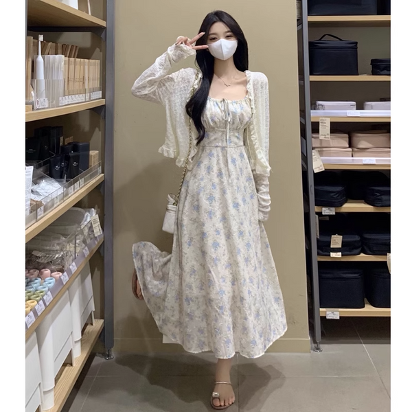 Plus Size Korean Blue Floral Romantic Dress and White Frill Crop Cardigan Set