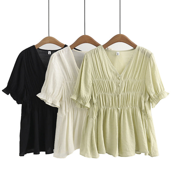 Plus Size Korean Buttons Crepe V Neck Blouse (EXTRA BIG SIZE)