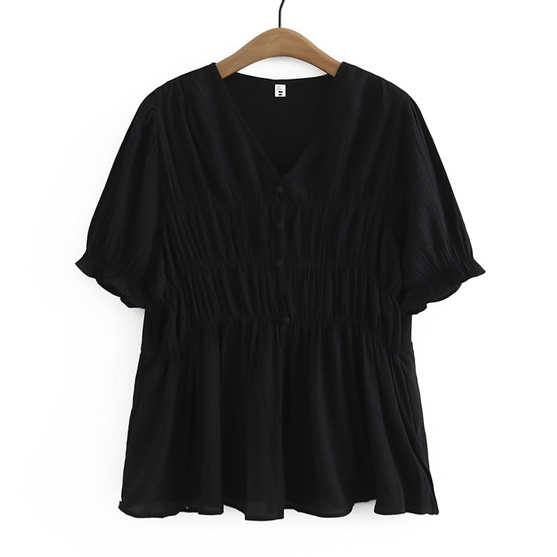 Plus Size Korean Buttons Crepe V Neck Blouse (EXTRA BIG SIZE ...