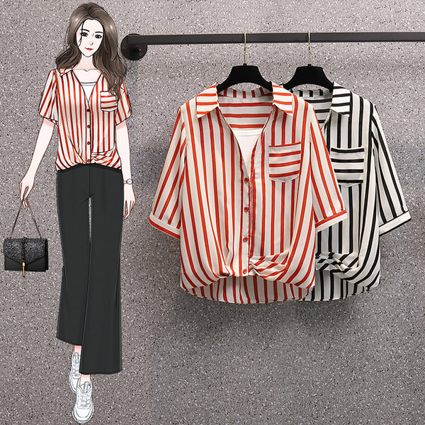 Plus Size Korean Stripe Twist Front Shirt Blouse