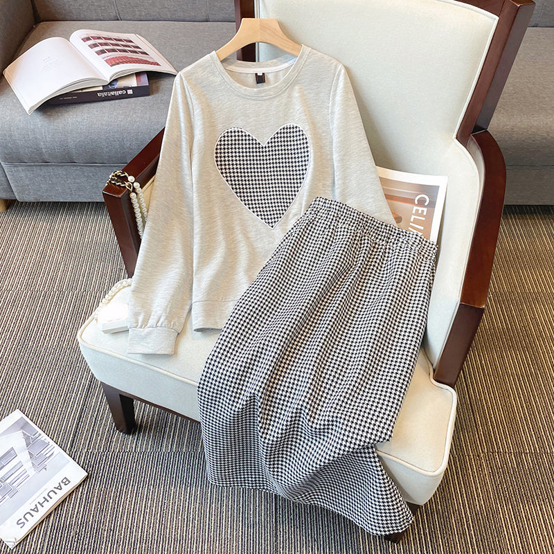 Plus Size Korean Heart Sweater and Houndstooth Midi Skirt Set