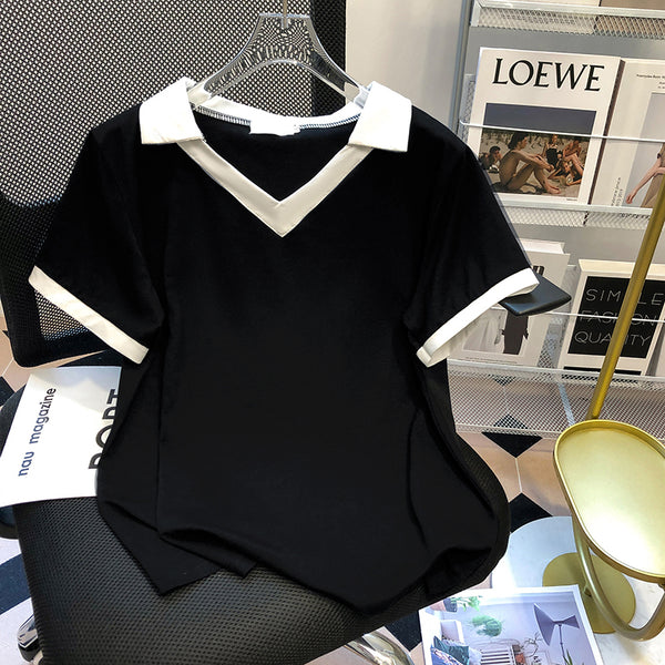 Plus Size Korean Colour Block Knit Polo T Shirt Blouse