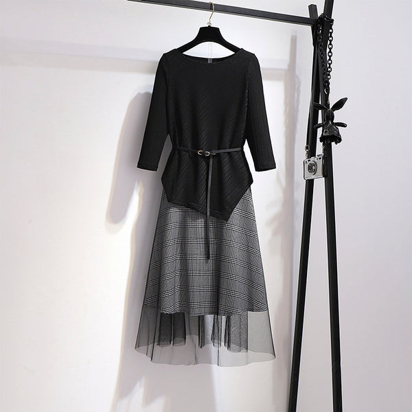 Plus Size Korean Boatneck Blouse and Plaid Tulle Midi Skirt Set