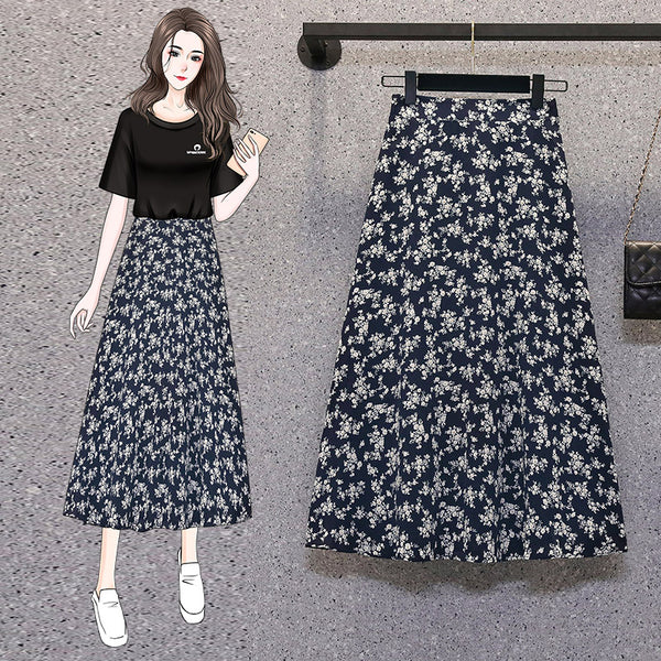 Plus Size Blue Floral Midi Skirt