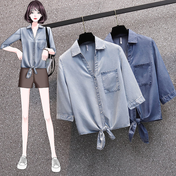 Plus Size Korean Denim Front Tie Shirt Blouse / Jacket Cover