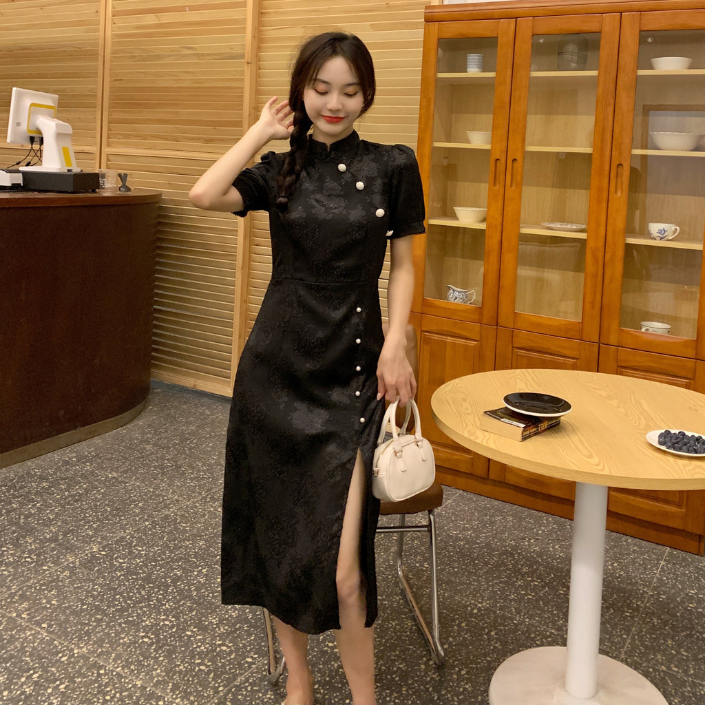 Plus Size Korean Black Slit Midi Cheongsam Dress