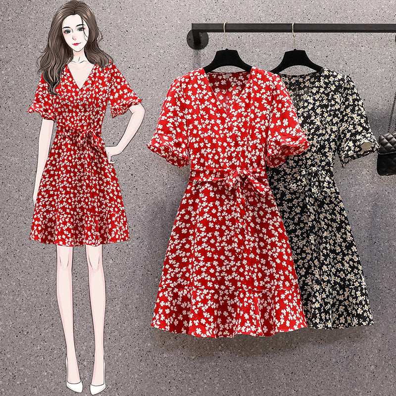 Red ditsy wrap dress store
