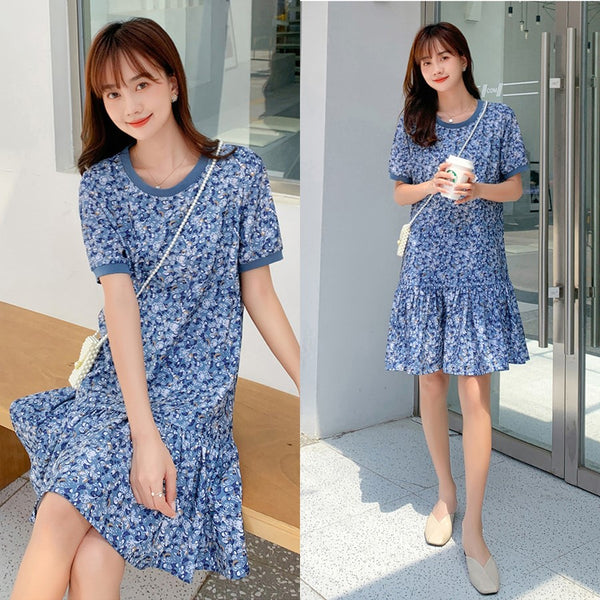 Plus Size Blue Ditsy Floral Drop Waist Dress