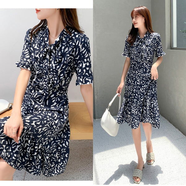 Plus Size Blue Korean Pussybow Dress