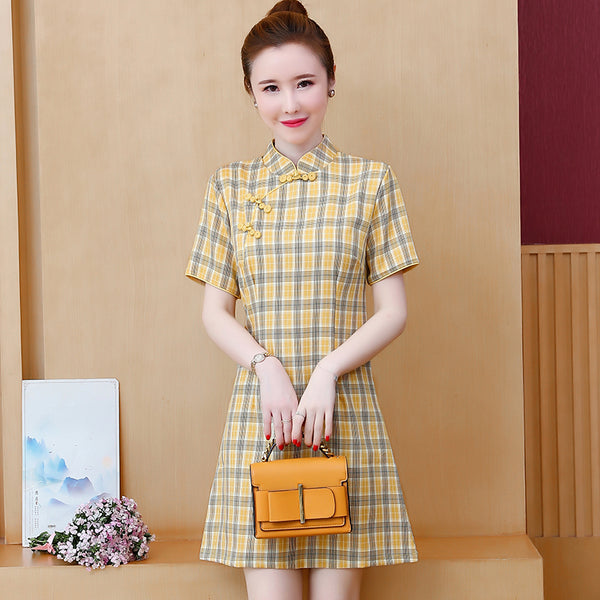 Plus Size Yellow Checked Cheongsam Dress