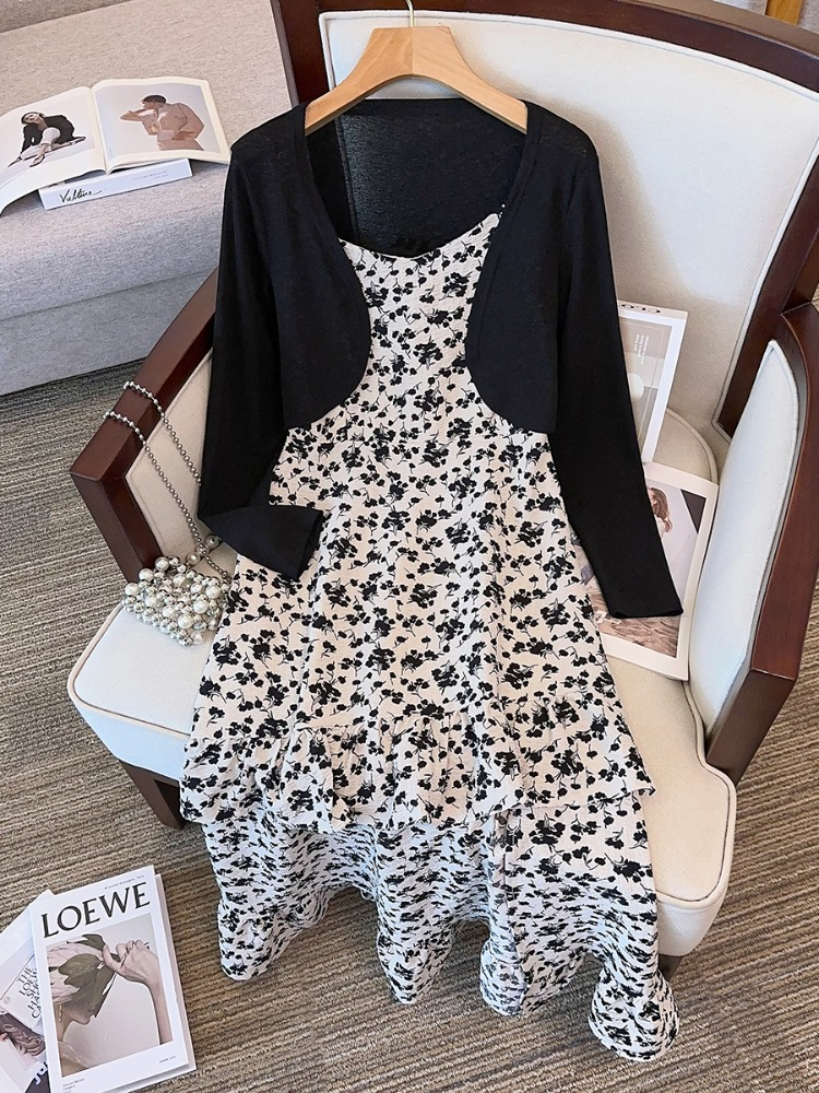 Plus Size Korean Cropped Black Cardigan And White Floral Cami Dress Se Pluspreorder Plus Size Korean Cropped Black Cardigan And White Floral Cami Dress Se Pluspreorder