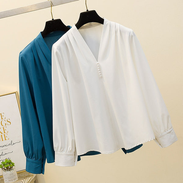 Plus Size Pearl Buttons V Neck Long Sleeve Blouse