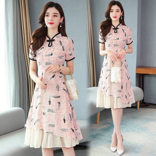 Plus Size Pink Feather Chiffon Cheongsam Dress