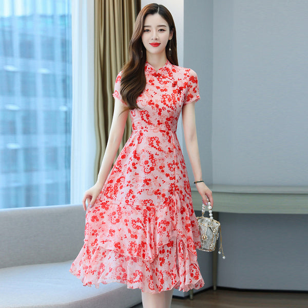 Plus Size Floral Chiffon Midi Cheongsam