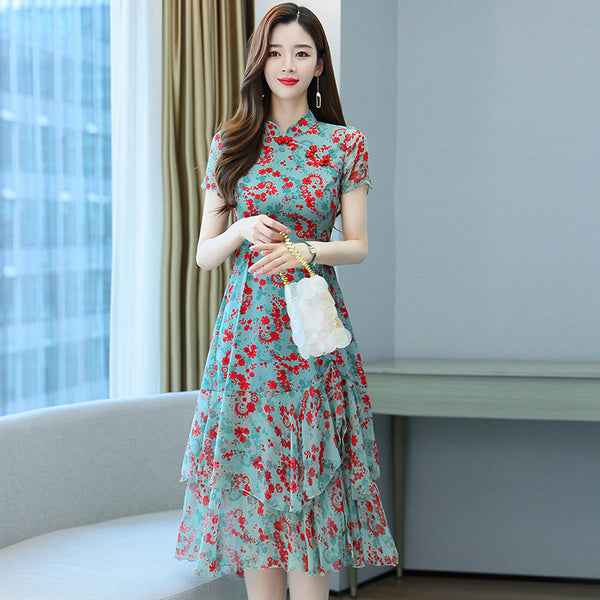 Plus Size Floral Chiffon Midi Cheongsam