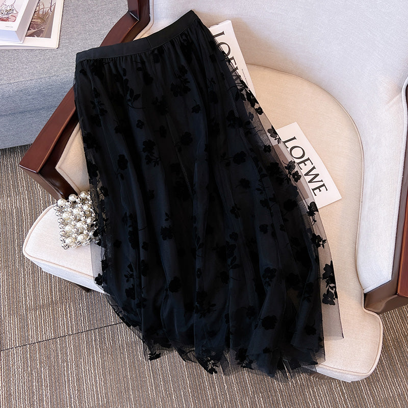 Plus Size Floral Velvet See Through Midi Skirt Pluspreorder