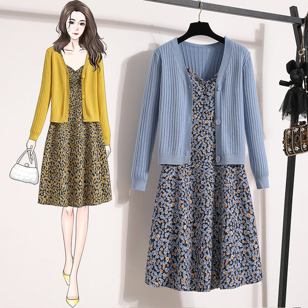 Plus Size Blue Ditsy Floral Sleeveless Midi Dress and Cardigan Set