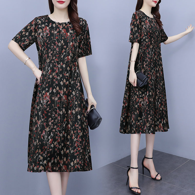 Plus Size Black Floral Print Simple Dress