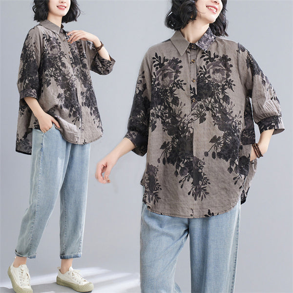 Plus Size Scenery Floral Shirt Blouse