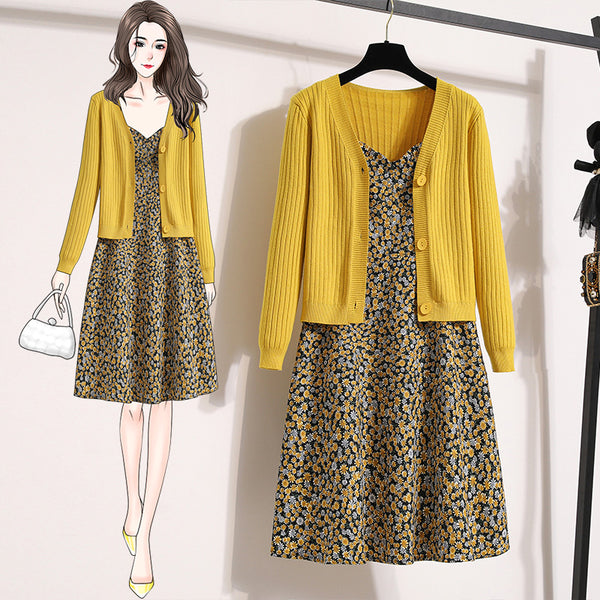 Plus Size Yellow Ditsy Floral Sleeveless Midi Dress and Cardigan Set