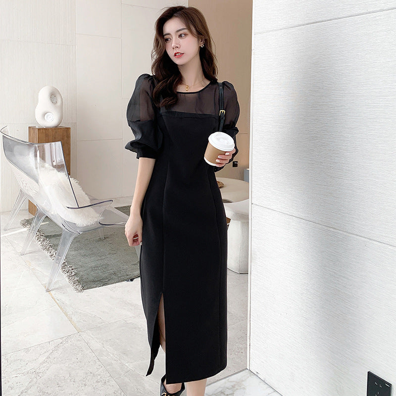 Plus Size Korean Black Puff Sleeve Pencil Dress