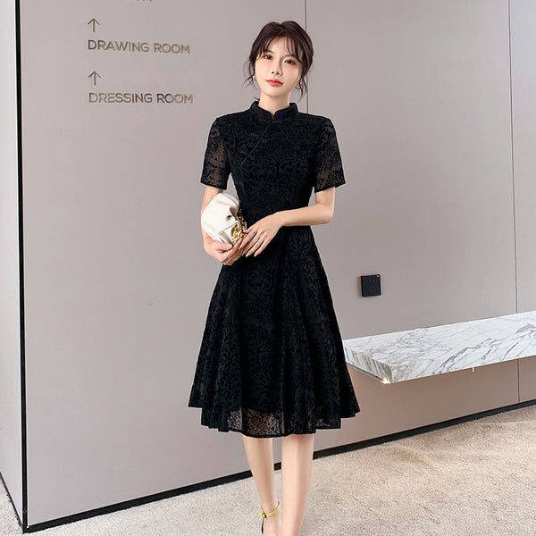 Plus Size Korean Black Swing Cheongsam Dress