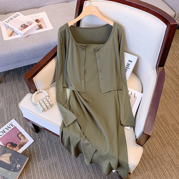Plus Size Korean Cardigan and Cami Midi Dress Set