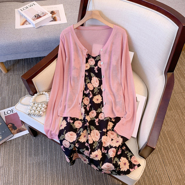 Plus Size Korean Cardigan and Pink Floral Cami Dress Set
