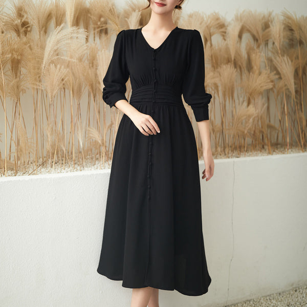 Plus Size Korean Black Buttons Midi Dress