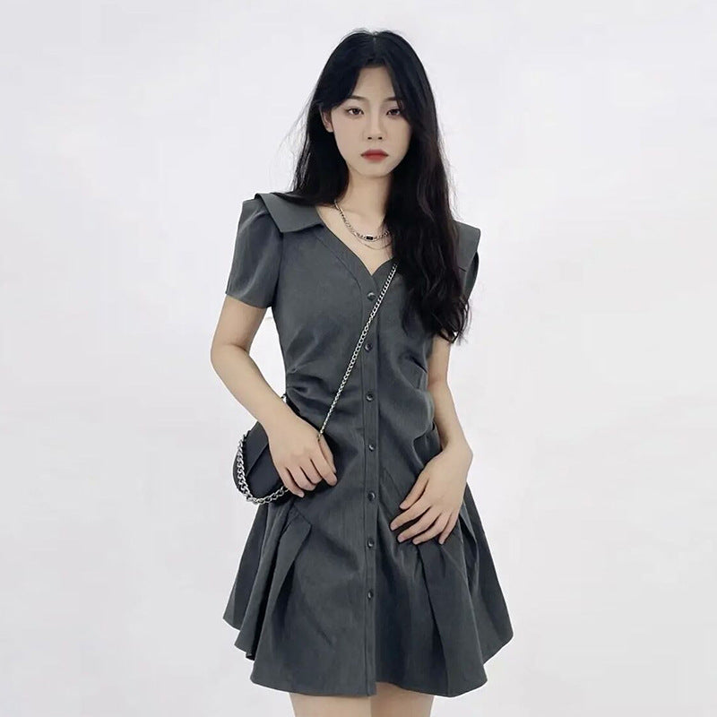 Plus Size Korean Gather Flounce Midi Shirt Dress