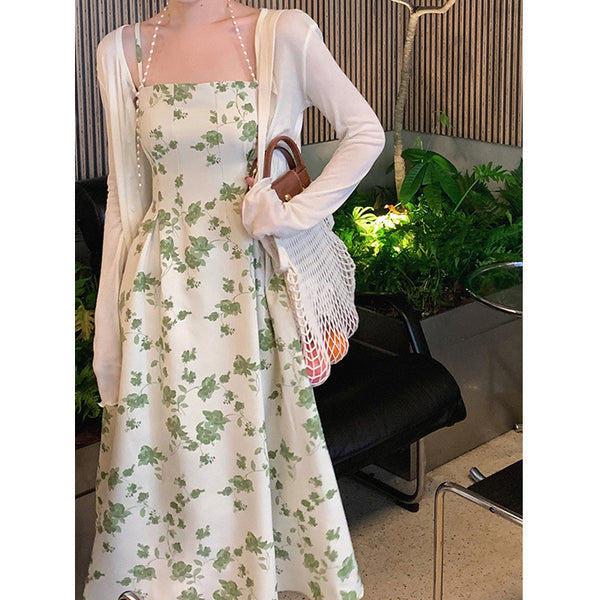 Plus Size Green Floral Korean Midi Dress / Cardigan