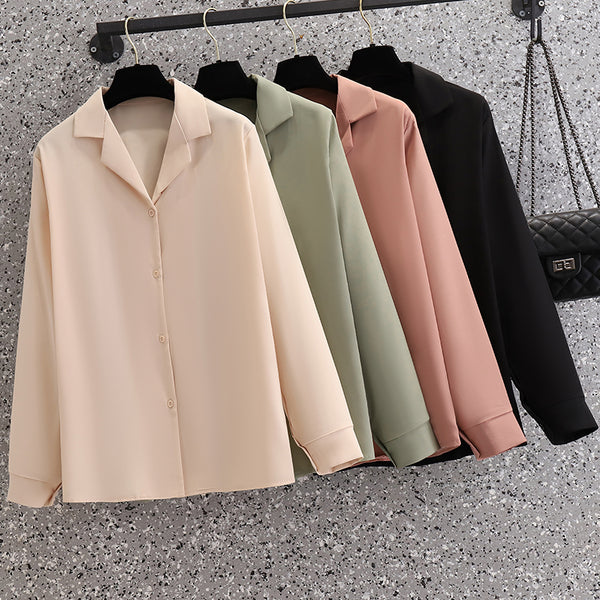 Plus Size Korean Chiffon Button Long Sleeve Shirt Blouse